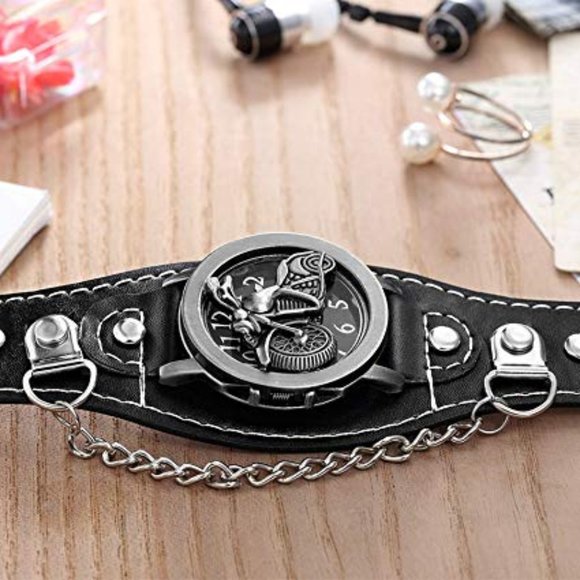 MEN'S/WOMEN'S LEATHER CHAIN BIKER WRIST WATCH - Picture 2 of 5